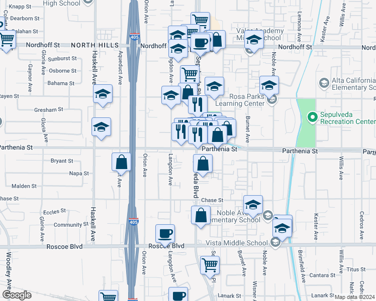 map of restaurants, bars, coffee shops, grocery stores, and more near 15420 Parthenia Street in Los Angeles