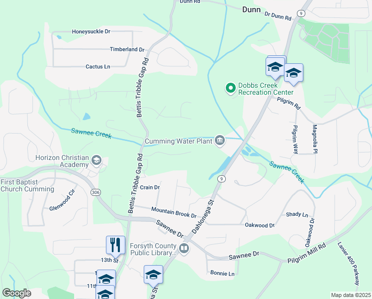 map of restaurants, bars, coffee shops, grocery stores, and more near 1575 Parkside Village Drive in Cumming