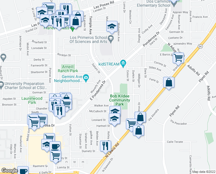 map of restaurants, bars, coffee shops, grocery stores, and more near 1119 Via Montoya in Camarillo