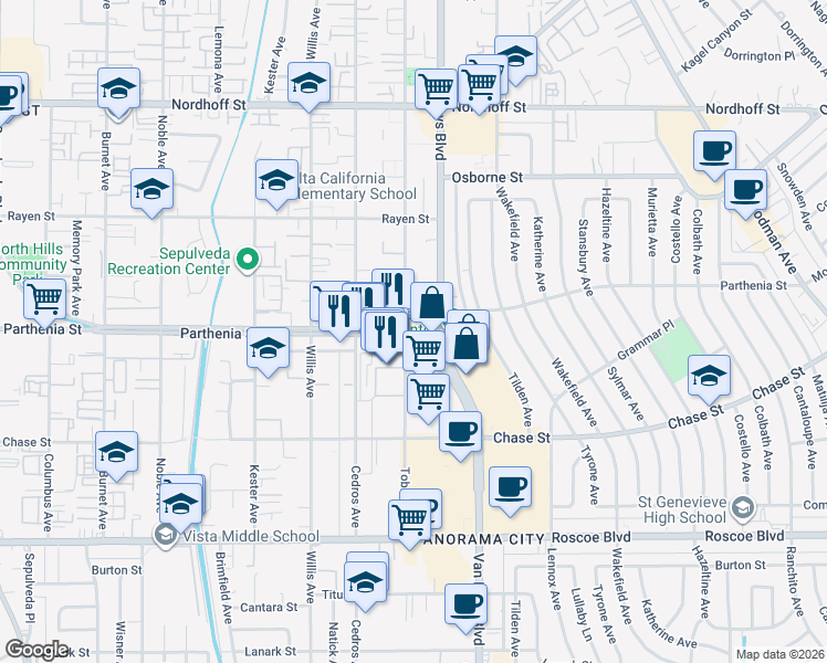 map of restaurants, bars, coffee shops, grocery stores, and more near 8712 Tobias Avenue in Los Angeles