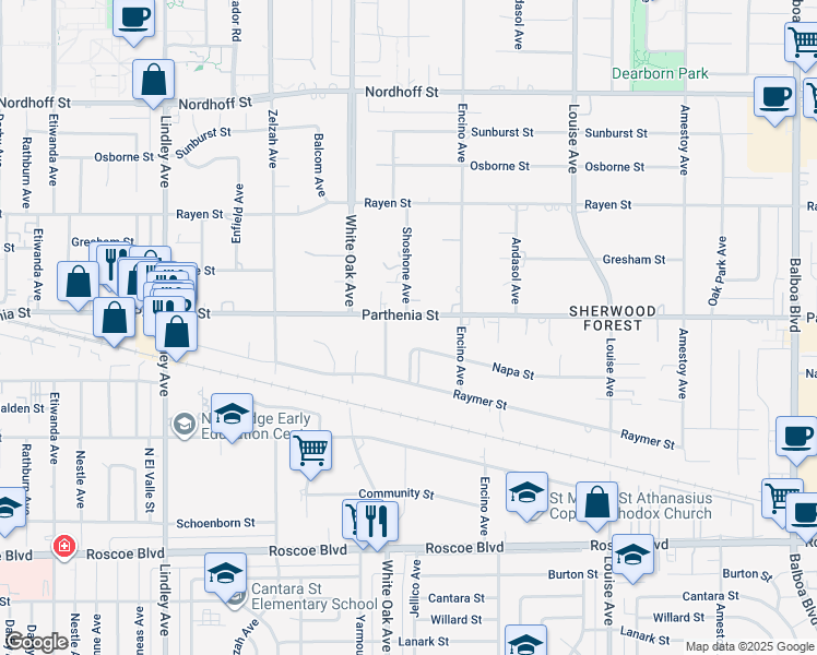 map of restaurants, bars, coffee shops, grocery stores, and more near 17560 Parthenia Street in Los Angeles
