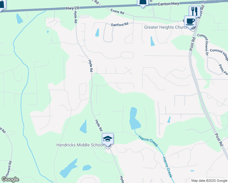 map of restaurants, bars, coffee shops, grocery stores, and more near 4716 Hyde Road in Cumming