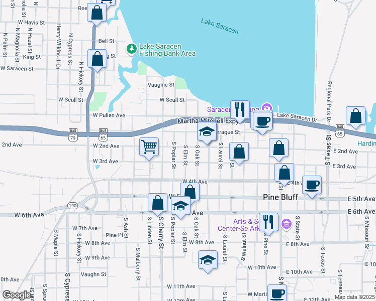 map of restaurants, bars, coffee shops, grocery stores, and more near 820 West 2nd Avenue in Pine Bluff