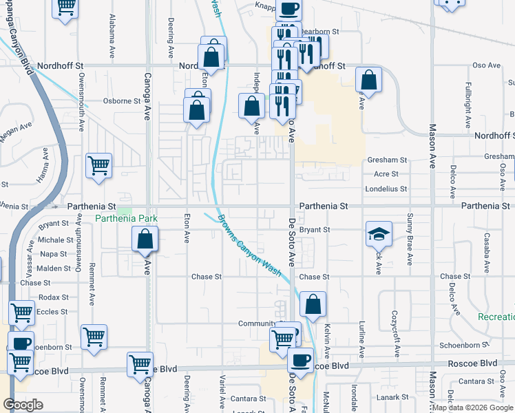 map of restaurants, bars, coffee shops, grocery stores, and more near Parthenia Street & Independence Avenue in Los Angeles