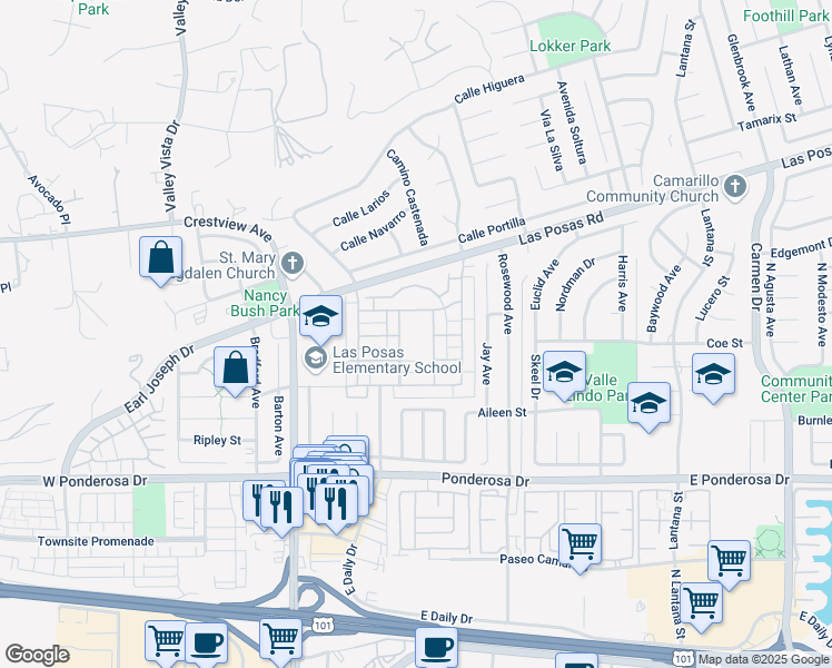 map of restaurants, bars, coffee shops, grocery stores, and more near 1-99 Calle El Halcon in Camarillo