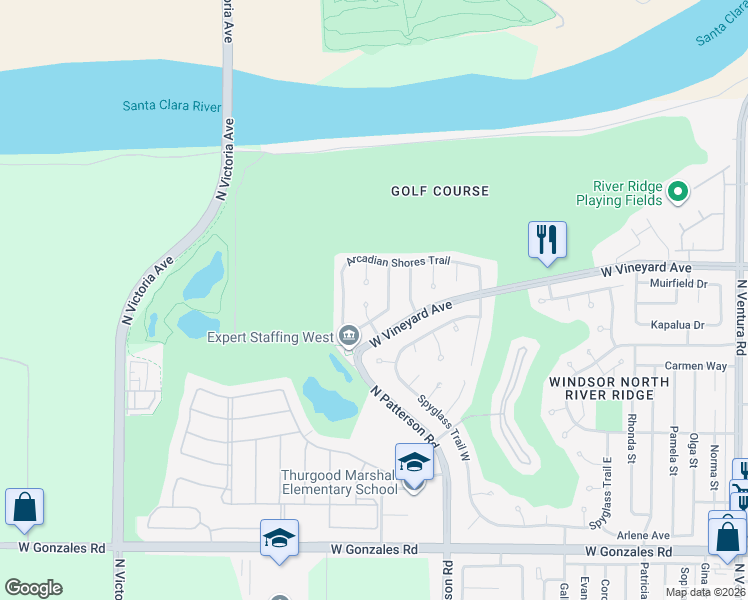 map of restaurants, bars, coffee shops, grocery stores, and more near 2338 Eagle Creek Lane in Oxnard