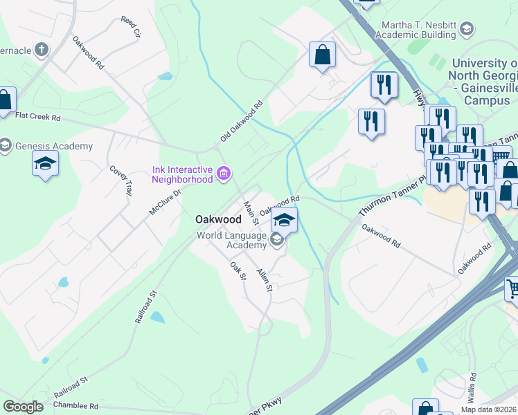 map of restaurants, bars, coffee shops, grocery stores, and more near 4209 Oakwood Road in Oakwood