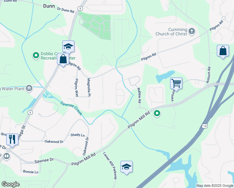 map of restaurants, bars, coffee shops, grocery stores, and more near 1643 Brookmere Way in Cumming
