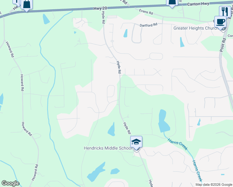 map of restaurants, bars, coffee shops, grocery stores, and more near 4945 Roosevelt Circle in Cumming