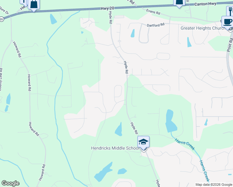 map of restaurants, bars, coffee shops, grocery stores, and more near 4790 Roosevelt Circle in Cumming