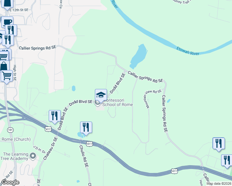 map of restaurants, bars, coffee shops, grocery stores, and more near 83 Dodd Boulevard Southeast in Rome