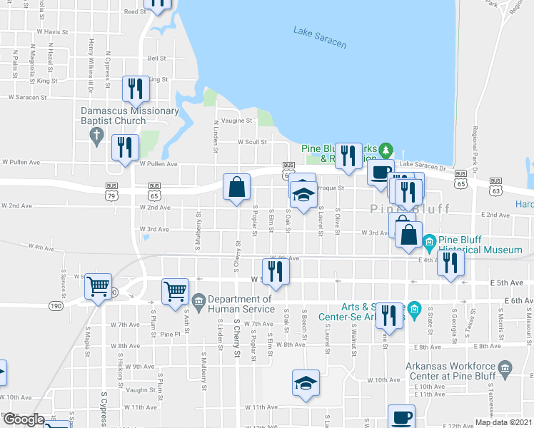 map of restaurants, bars, coffee shops, grocery stores, and more near 820 West 2nd Avenue in Pine Bluff