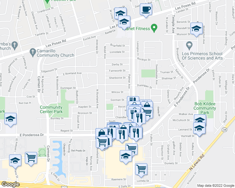map of restaurants, bars, coffee shops, grocery stores, and more near 2174 Wilcox Street in Camarillo