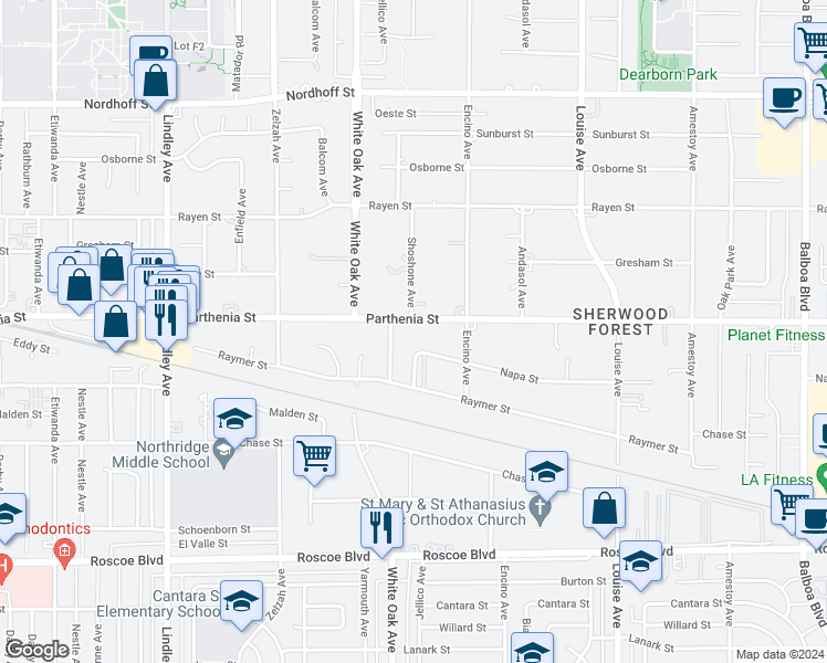 map of restaurants, bars, coffee shops, grocery stores, and more near 17560 Parthenia Street in Los Angeles
