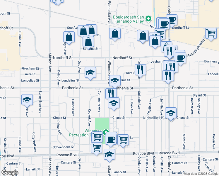 map of restaurants, bars, coffee shops, grocery stores, and more near Parthenia Street & Winnetka Avenue in Los Angeles