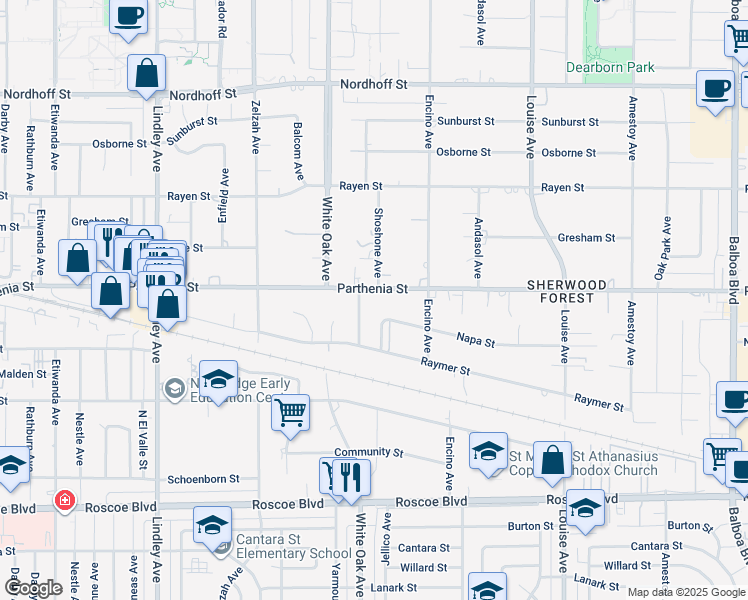 map of restaurants, bars, coffee shops, grocery stores, and more near 17600 Parthenia Street in Los Angeles
