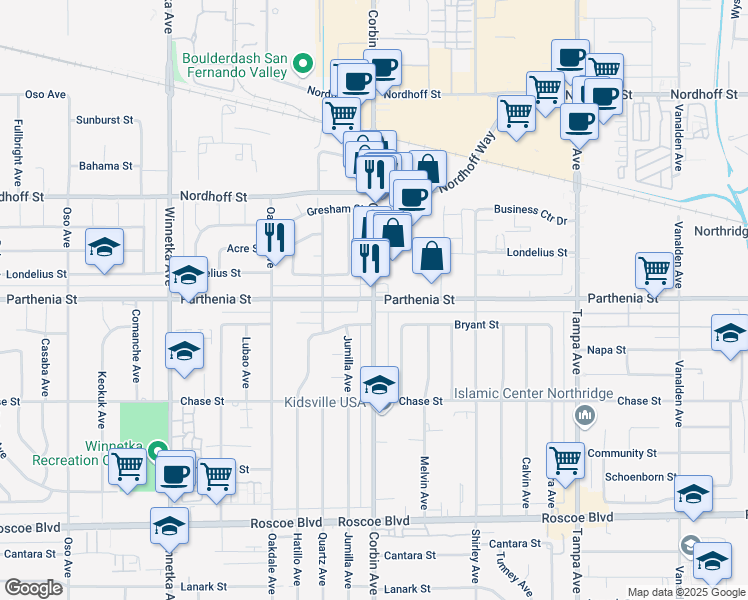 map of restaurants, bars, coffee shops, grocery stores, and more near Parthenia St & Corbin Ave in Los Angeles