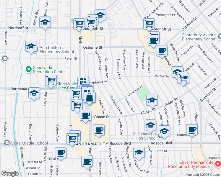 map of restaurants, bars, coffee shops, grocery stores, and more near 8733 Katherine Avenue in Los Angeles