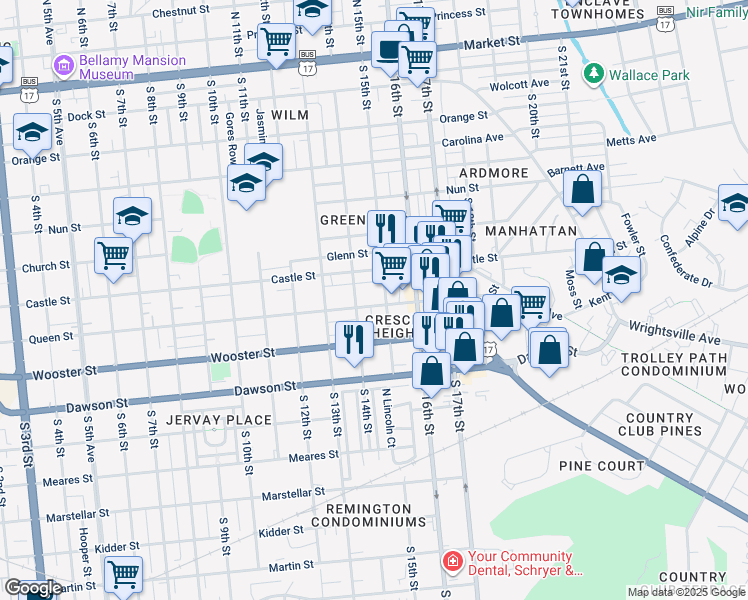 map of restaurants, bars, coffee shops, grocery stores, and more near 1415 Queen Street in Wilmington