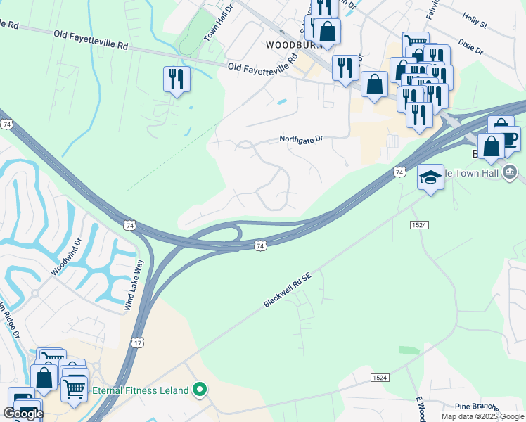 map of restaurants, bars, coffee shops, grocery stores, and more near 2153 Willows Creek Lane in Leland