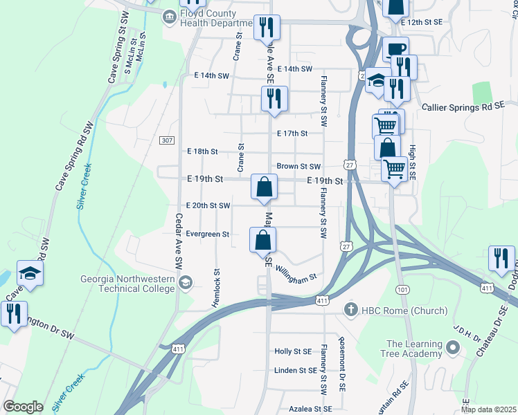 map of restaurants, bars, coffee shops, grocery stores, and more near 308 East 20th Street Southwest in Rome