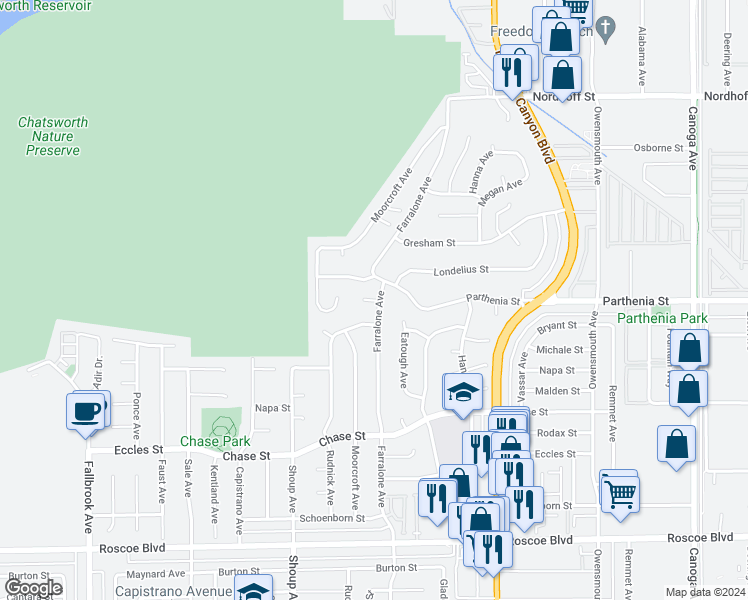 map of restaurants, bars, coffee shops, grocery stores, and more near 22201 Tioga Place in Los Angeles