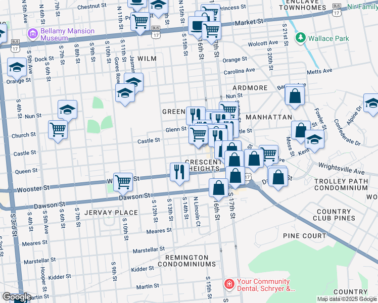 map of restaurants, bars, coffee shops, grocery stores, and more near 1415 Queen Street in Wilmington