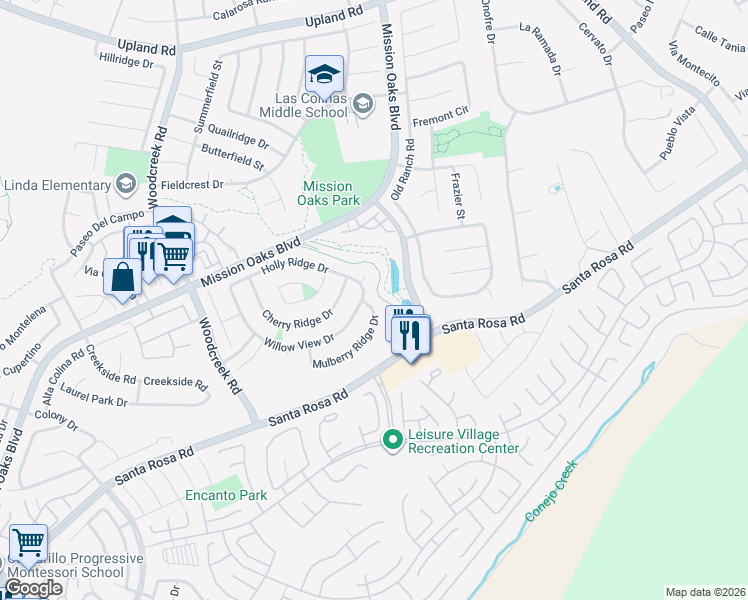 map of restaurants, bars, coffee shops, grocery stores, and more near 5884 Mulberry Ridge Drive in Camarillo