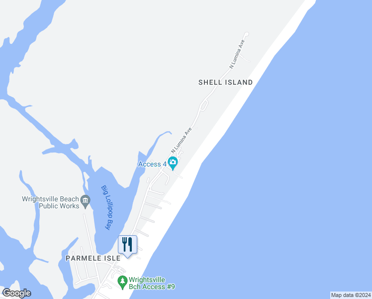 map of restaurants, bars, coffee shops, grocery stores, and more near 2400 North Lumina Avenue in Wrightsville Beach