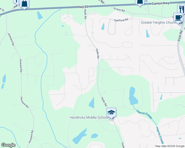 map of restaurants, bars, coffee shops, grocery stores, and more near 4950 Roosevelt Circle in Cumming
