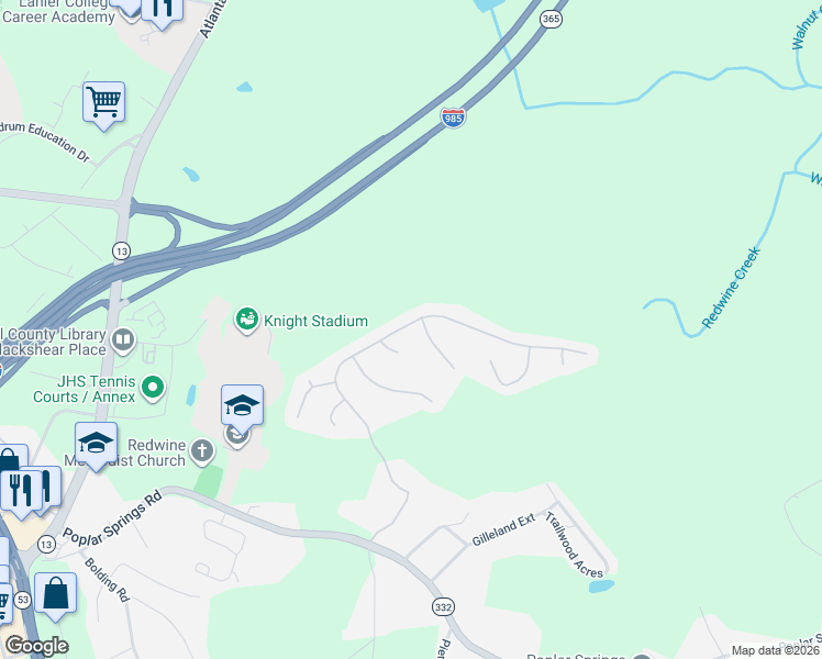 map of restaurants, bars, coffee shops, grocery stores, and more near 3875 Amberleigh Trace in Gainesville