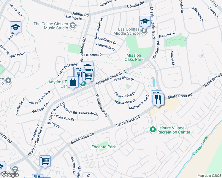 map of restaurants, bars, coffee shops, grocery stores, and more near 5346 Cherry Ridge Drive in Camarillo