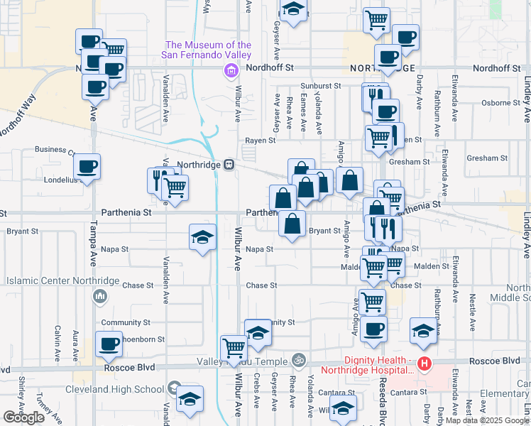 map of restaurants, bars, coffee shops, grocery stores, and more near 18817 Parthenia Street in Los Angeles