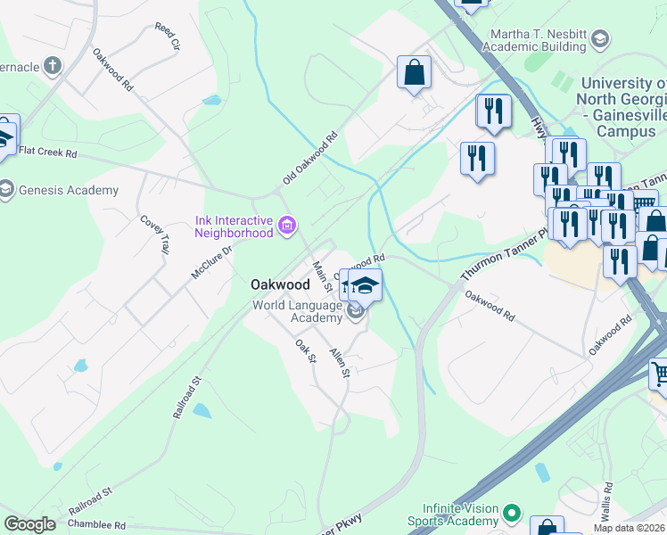 map of restaurants, bars, coffee shops, grocery stores, and more near 4209 Oakwood Road in Oakwood