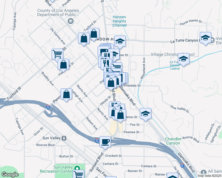 map of restaurants, bars, coffee shops, grocery stores, and more near 8715 Sunland Boulevard in Los Angeles