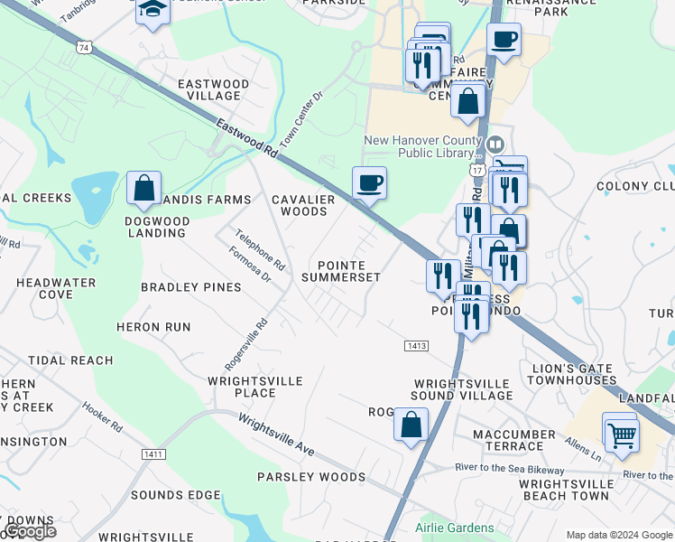 map of restaurants, bars, coffee shops, grocery stores, and more near 1507 Crows Landing Circle in Wilmington