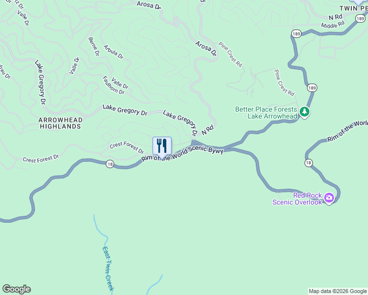 map of restaurants, bars, coffee shops, grocery stores, and more near 25266 California 18 in Crestline