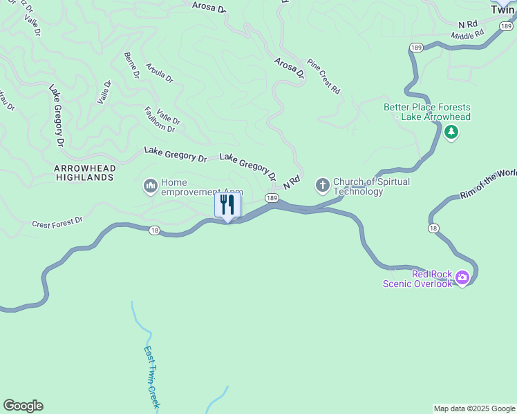 map of restaurants, bars, coffee shops, grocery stores, and more near 25266 California 18 in Crestline