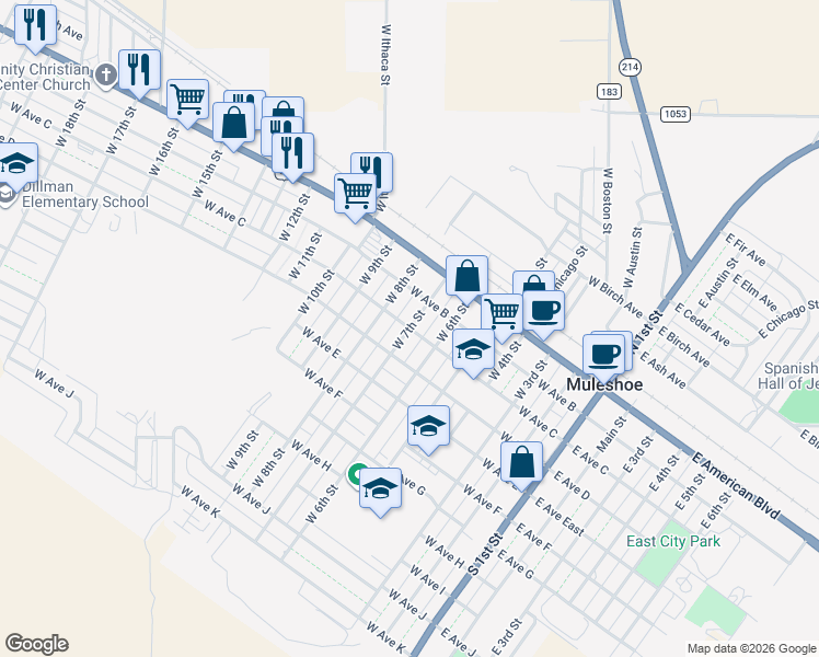 map of restaurants, bars, coffee shops, grocery stores, and more near 701 West Avenue C in Muleshoe
