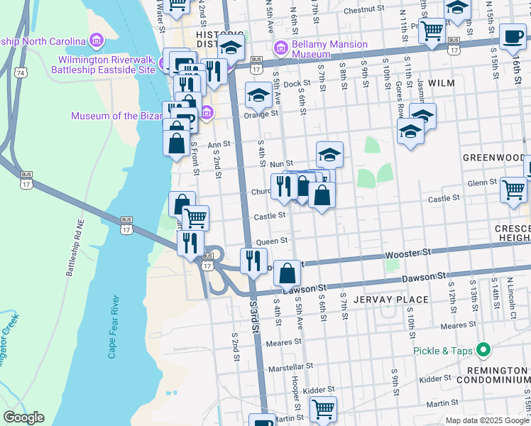 map of restaurants, bars, coffee shops, grocery stores, and more near 309 Castle Street in Wilmington