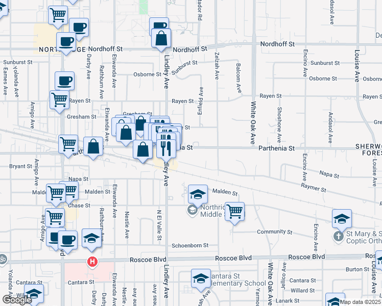map of restaurants, bars, coffee shops, grocery stores, and more near 18000 Parthenia Street in Los Angeles