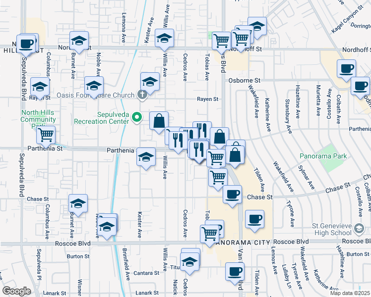 map of restaurants, bars, coffee shops, grocery stores, and more near Cedros Avenue in Los Angeles