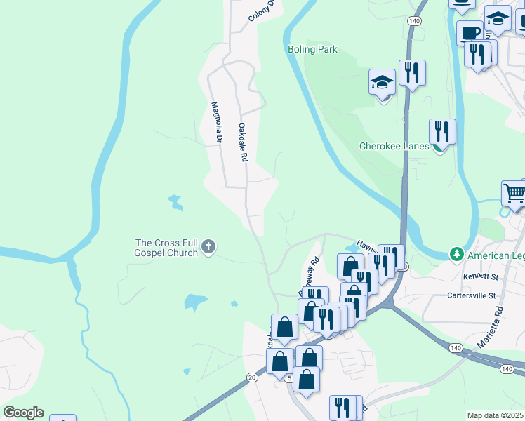 map of restaurants, bars, coffee shops, grocery stores, and more near 511 Oakdale Road in Canton
