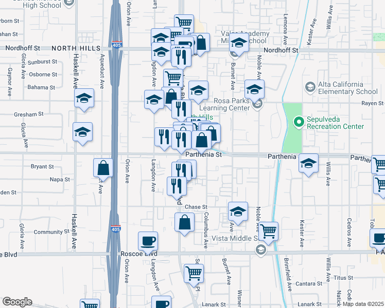 map of restaurants, bars, coffee shops, grocery stores, and more near 15343 Parthenia Street in Los Angeles