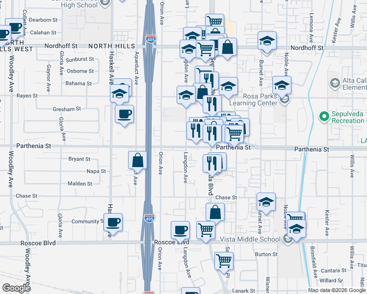 map of restaurants, bars, coffee shops, grocery stores, and more near 8711 Langdon Avenue in Los Angeles