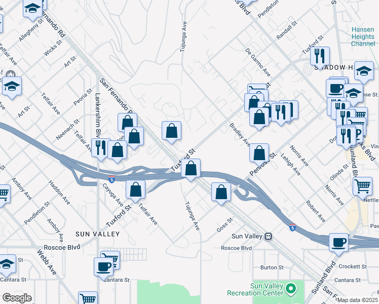 map of restaurants, bars, coffee shops, grocery stores, and more near Tuxford Street in Los Angeles