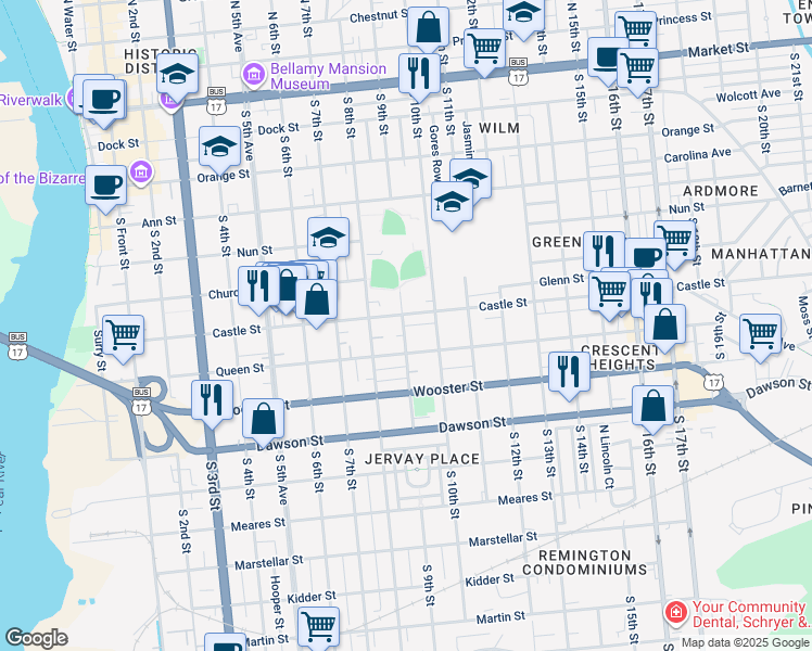 map of restaurants, bars, coffee shops, grocery stores, and more near 902 Castle Street in Wilmington
