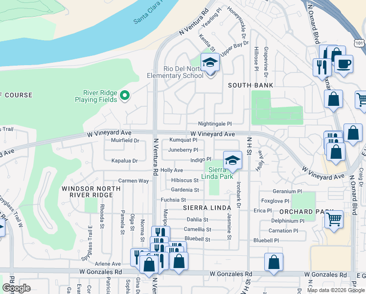 map of restaurants, bars, coffee shops, grocery stores, and more near 1311 Juneberry Place in Oxnard