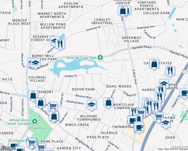 map of restaurants, bars, coffee shops, grocery stores, and more near 3806 Ashley Circle in Wilmington