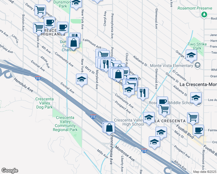 map of restaurants, bars, coffee shops, grocery stores, and more near 3216 Maryann Street in Glendale